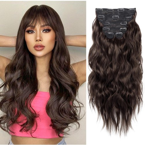Dark Brown Hair Extensions，6PCS Clip in Hair Extensions 20inch Wavy Curly Hair Extensions Clip Ins Full Head Synthetic Fiber Double Weft Thick Hairpieces For Women