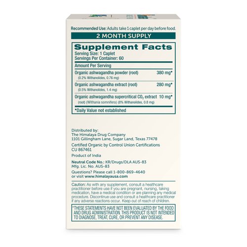 Himalaya Organic Ashwagandha, 60 Day Supply, Herbal Supplement for Stress Relief, Energy Support, Occasional Sleeplessness, Organic, Non-GMO, Vegan, Gluten Free, 670 mg, 60 Caplets