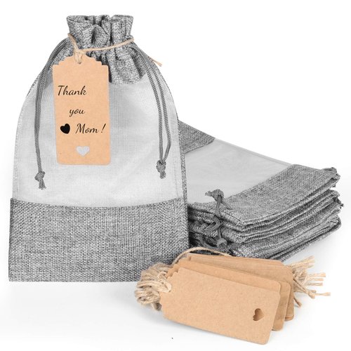 15 Pack 6.3x9.5 Inches Grey Linen Burlap with Sheer Window Organza Gift Bag with Drawstring for Christmas Gifts Wedding Party Favors Cosmetic Perfume Mesh Pouch
