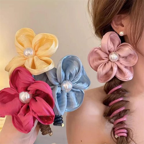 4 Pcs Colorful Telephone Wire Hair Bands Flower Bowknot Braided Phone Cord Straight Spiral Hair Tie for Women Girl Kids #08