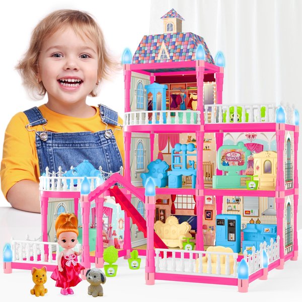 OCTERIC Doll House for Girls ,6 Rooms Pink Doll House with Dolls Figure, Puppies ,Furnitures, Accessories, LED Light, Toddler Playhouse Gift for for 3 4 5 6 7 8 9 10 Year Old Girls Toys