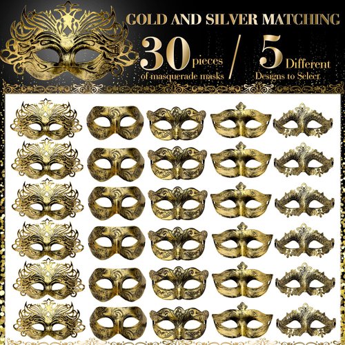 Yunsailing 30 Pieces Masquerade Masks Bulk Mardi Gras Antique Masks with Elastic Strap for Women Men Venetian Ball Party(Gold)