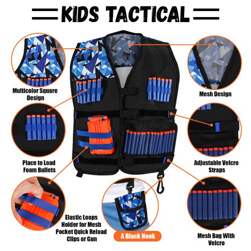 Lehoo Castle 2PACK Kids Tactical Vest Kit for Nerf Guns N-Strike Elite Series for Boys Girls, with 60 Refill Darts, Dart Pouch, Tactical Mask, Reload Clips, Protective Glasses (Blue+Green)