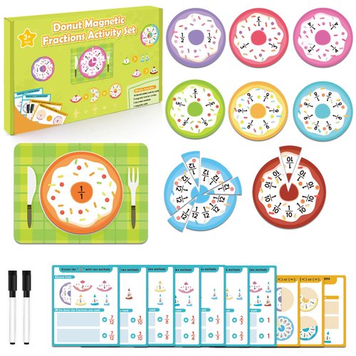 Magnetic Fraction Tiles, Fraction Manipulatives, 64 PCS Donut Magnetic Fractions Circles Tiles Math Manipulatives, Learning Fraction Games Puzzle for Kids 2nd 3rd 4th 5th Grade