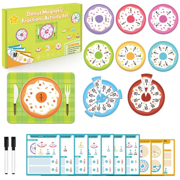 Magnetic Fraction Tiles, Fraction Manipulatives, 64 PCS Donut Magnetic Fractions Circles Tiles Math Manipulatives, Learning Fraction Games Puzzle for Kids 2nd 3rd 4th 5th Grade