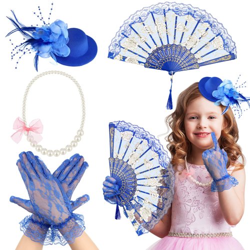 Sintege 4 Pcs Girls Tea Party Supplies Set Tea Party Gloves Hats Girls Tea Party Necklace Fan for Girls Tea Party Favor(Royal Blue)
