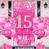 Pink 15th Birthday Decorations for Girls Boys Pink Happy 15th Birthday Door Cover Banner & 18Pcs Happy 15th Birthday Balloons Decorations for Hot Pink 15th Birthday Anniversary Party Supplies