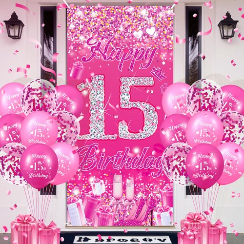 Pink 15th Birthday Decorations for Girls Boys Pink Happy 15th Birthday Door Cover Banner & 18Pcs Happy 15th Birthday Balloons Decorations for Hot Pink 15th Birthday Anniversary Party Supplies