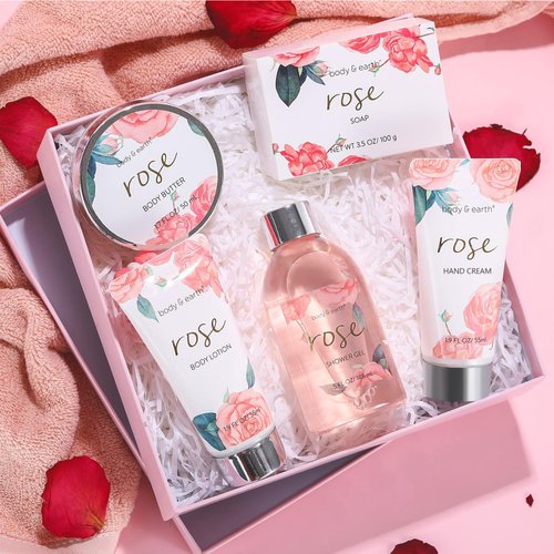 Bath and Body Gift Set for Women, Body & Earth 5 Pcs Rose Spa Set Gifts for Women, Self Care Kit, Lotion Sets for Women,Christmas Gifts for Women