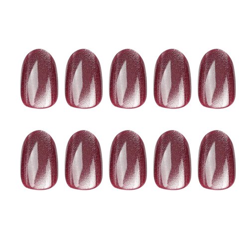 Short Press on Nails, Oval Cat Eye Acrylic Nails Press ons Artificial Fake Nails Wine Red Full Cover False Nails with Designs Glossy Stick on Nails for Women 24 Pcs