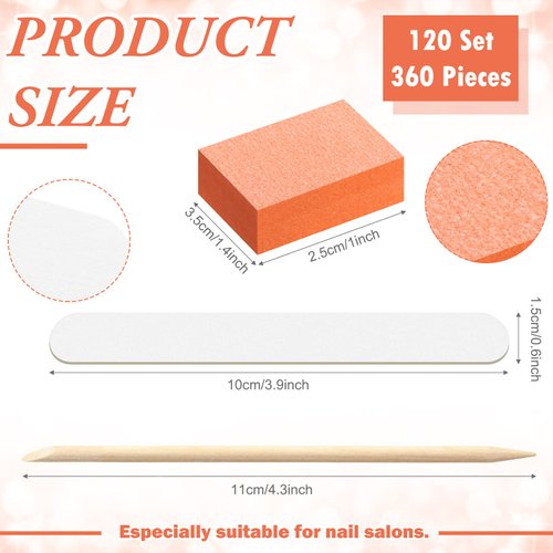 120 Sets Disposable Manicure Kit Basics 3 Pieces Nail Kit, White Wood Nail File 180/180 Grit, Orange Mini Buffer 100/180 Grit, Individually Packed Mini Pedicure Set for Fingernails Toenails Nail Salon