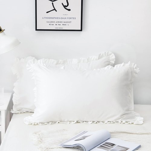 Dekeyoo Ruffled Pillow Case Set, Pack of 2 Edge Ruffled Pillow Shams 100% Brushed Microfiber Standard Size Bedding Pillow Covers with Envelope Closure (20x26 inches, White)