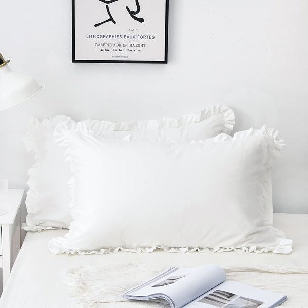 Dekeyoo Ruffled Pillow Case Set, Pack of 2 Edge Ruffled Pillow Shams 100% Brushed Microfiber Standard Size Bedding Pillow Covers with Envelope Closure (20x26 inches, White)
