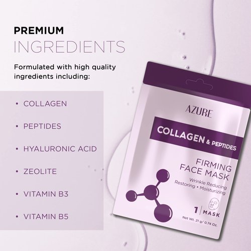 AZURE Collagen & Peptides Lifting Sheet Facial Mask - Restoring, Smoothing & Moisturizing Face Mask - Helps Reduce Fine Lines & Wrinkles, Smooths & Repairs - Skin Care Made in Korea - 5 Pack