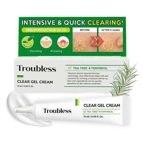 Troubless CLEAR GEL CREAM (0.5Fl Oz, 15ml) - Acne Treatment for Face / Soothing Cream for Acne Spot with Tea Tree / Korean Skin Care