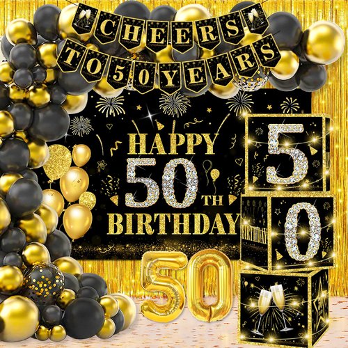cocomigo 50th Birthday Decorations for Men 50th Birthday Decorations for Women, 87pcs Black Gold Happy 50th Birthday Party Balloons Banner Backdrop Balloon Box with Light, 60th Birthday Party Supplies