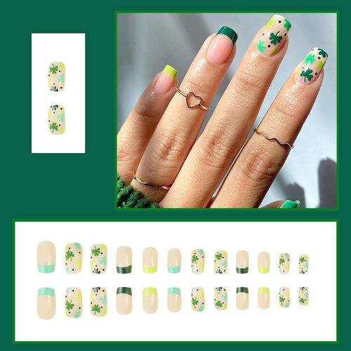 Shamrock Press on Nails Short Square St Patricks Day Nails Glue on Green Clover False Nails with Designs French Tips Nude Irish Fake Nails Acrylic Artificial Coffin Nails Full Cover Nails for Women
