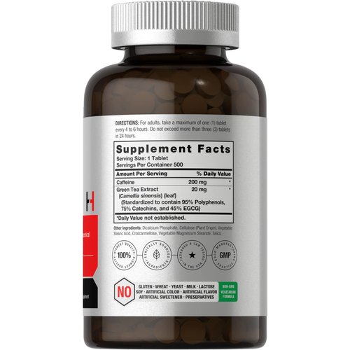 Horbäach Caffeine Pills 200mg with Green Tea | 500 Tablets | Vegetarian, Non-GMO & Gluten Free