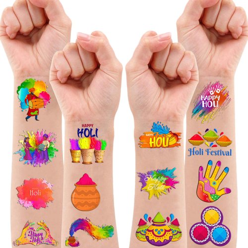 105 PCS Indian Holi Hai Festival Temporary Tattoos Stickers Theme Birthday Party Decorations Favors Supplies Decor Colorful Colors Pichkari Diwali Tattoo Sticker Gifts For Boys Girls School Prizes