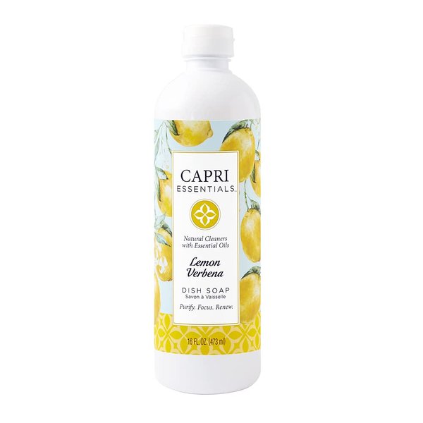 CAPRI ESSENTIALS Lemon Verbena Natural Dish Soap Liquid w/Essential Oils – Plant-Based Dish Cleaning Supplies – Chemical-Free Dish Liquid Soap – Natural Cleaning Products (16 oz)