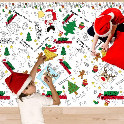 LOMIMOS Christmas Giant Coloring Tablecloth for Kids, 54’’x 88’’ Huge Santa Claus Christmas Tree Elk Bell Color-in Paper Poster Table Cover for School Home Winter Christmas Activities Party Supplies