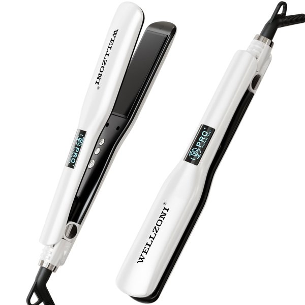 WELLZONI Flat Iron Hair Straightener 1.4 inch Wide Plate Straightener 15s Rapid Heating, 37 Levels Temperature 122-450℉, Wide Straightening for Short Long Black Hair