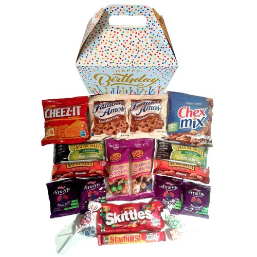 Happy Birthday Care Package features fun birthday candles graphic Gift Box stuffed with savory snacks and sweet candy treats