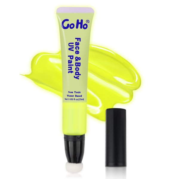 Go Ho UV Blacklight Neon Yellow Face Body Paint,Water Based Bright Color Neon Fluorescent Body Paint with Cushion Applicator,Glow In The Dark Under UV Lighting Party Halloween Makeup Washable
