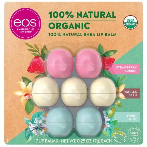 Eos Evolution of Smooth Lip Balm 100% Natural Organic Lip Care Gift 7-Pack ~ 2 Chamomile, 3 Vanilla Bean & 2 Strawberry Sorbet