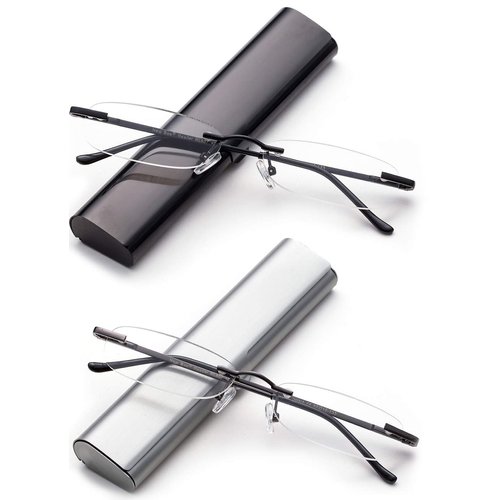 Newbee Fashion-Portable Compact Reading Glasses in Aluminum Case Metal Rectangle Rimless Reading Glasses Super Lightweight Reader Slim Design Comfort Fit for Men&Women 2 PACKBLACK & Gunmetal+2.50