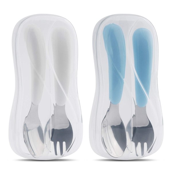 Kirecoo 2 Set Toddler Utensils, Toddler Forks and Spoons, Stainless Steel Toddler Silverware Set, Designed for Self Feeding Flatware Set with Travel Carrying Cases BPA Free (White & Aqua)