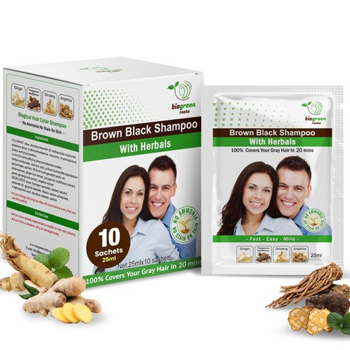 BIOGREEN ROOTS Ammonia-Free Herbal Hair Shampoo - Effectively Covers Gray Hair for Men and Women - Natural Color and Herbal Nourishment - No Stain on Skin - Brown Black (10 sachets x 25 ml)