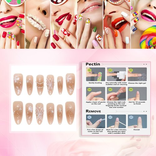 Rchovsam 3D Butterfly Press on Nails Long Almond False Nails White Floral Design Fake Nails Gold Glitter Press Ons Gift for Women 24pcs