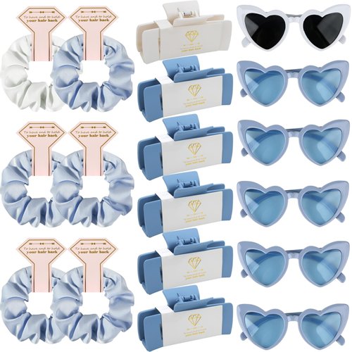 18pcs Bridesmaid Scrunchies Proposal Gifts 4.1inch square Hair Claws Bachelorette Hair Clip heart sunglasses Girls gift for Wedding Party Favors(18pcs White&Dusty Blue)