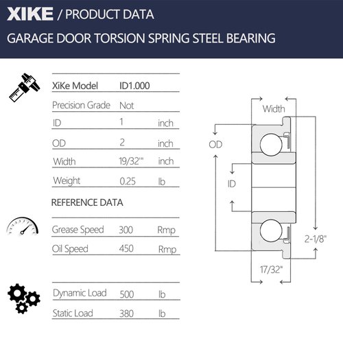 XiKe 2 Pack Garage Door Torsion Spring Stamping Steel Bearing 1" ID x 2" OD, Used with Center Support Only.