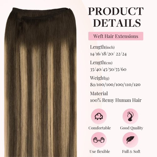 MAXITA Weft Hair Extensions Human Hair Chocolate Brown Mixed Caramel Blonde Balayage 16 Inch Hair Extensions Weft Invisible Double Weft Sew in Hair Extensions 100g Per Bundle