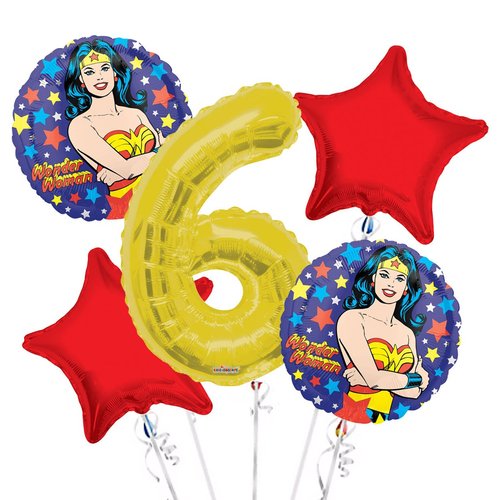 Wonder Women Balloon Bouquet 6th Birthday 5 pcs - Party Supplies