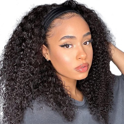 LAKASTATR Headband Wig Human Hair 16 Inch Curly Human Hair Wigs for Black Women None Lace Front Wigs Human Hair Glueless Machine Made Kinky Curly Headband Wigs 150% Density