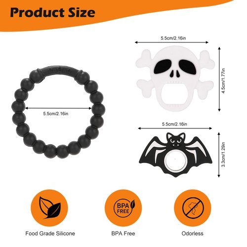 Halloween Baby Teething Ring Toys – Skull & Bat Silicone Teethers for Newborns, Infants & Toddlers – Sensory Chew Bracelet for Teething Relief – Perfect Baby’s First Halloween Basket Stuffers