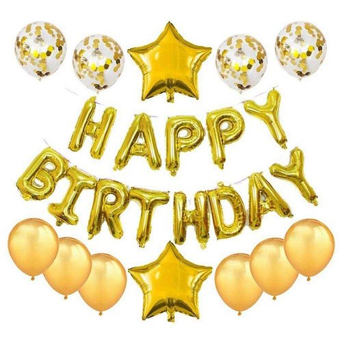 16 inch Happy Birthday Balloons Decorations Set- 13 pcs Letter Balloons Banner,2 pcs Giant Star Foil Balloons,4 pcs Confetti Balloons,6 pcs Latex Balloons (Gold)