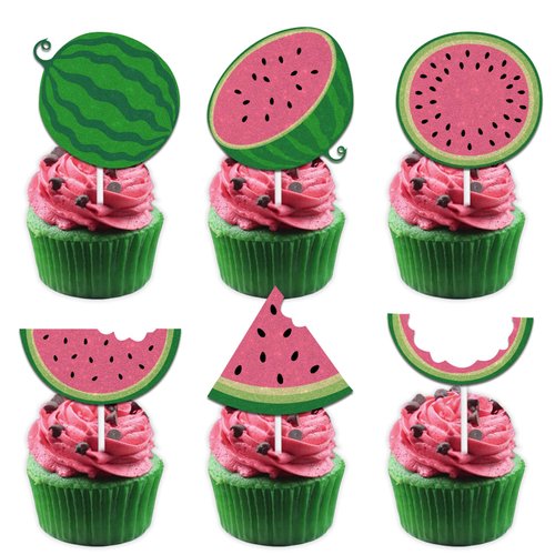 18pcs Pink Glitter Watermelon Dessert Cupcake Topper Pick for Fruit Watermelon Summer Tropical Fruit Watermelon Theme Decor Supplies Baby Shower Men Woman Boys Girls Happy Birthday Party Decorations