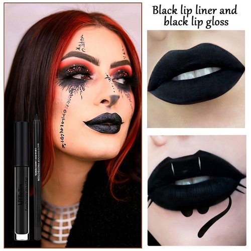 Black Matte Liquid Lipstick Set,Waterproof Smudge Proof Black Lip Liner and Lipstick Set for Women,Velvet Long Lasting Non-stick Cup Lip Gloss Stain Set for Halloween Cosplay Goth Daily Lip Makeup