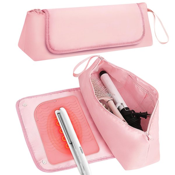 AKIT Hair Tool Travel Bag for Flat Irons, Hair Accessories, Hair Dryer, Straighteners, Hair Travel Bag with Heat Resistant Mat, Portable Organizer Curling Iron Travel Case Essentials for Women-Pink