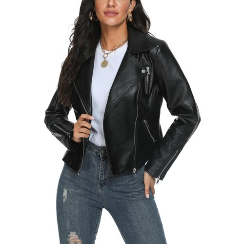 Fahsyee Women's Black Leather Jackets, Faux Motorcycle Bomber Moto Biker Plus Size Coat Short Lightweight Vegan Pleather Fashion M