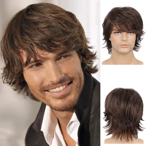 Short Brown Wig for Mens Layered Natural Fluffy Synthetic Hair Wig Heat Resistant Halloween Cospl...