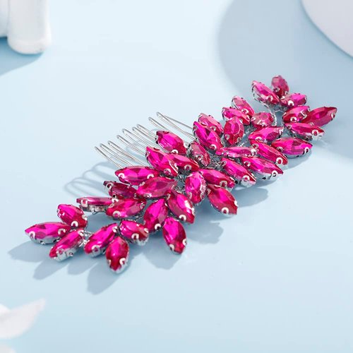 Teyglen Women's Dainty Rhinestone Hair Comb - Luxurious Shiny Bridal Side Comb for Brides and Girls (Rose Red)