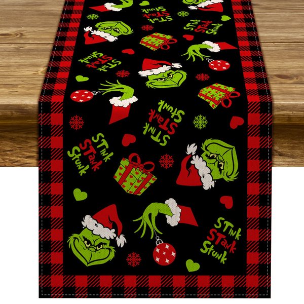 Pudodo Grinchmas Table Runner Merry Christmas Buffalo Plaid Check Winter Holiday Party Decoration Fireplace Kitchen Dining Home Decor (Black and Red, 13" x 72")