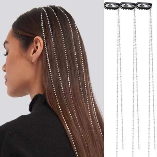 6 PCS Rhinestones Hair Chains Bling Punk Tassel Hair Clips Crystal Hair Extension Rhinestone Hair Accessories 20 Inch Hair Strand for Women and Girls Hair Decorative（Sliver）