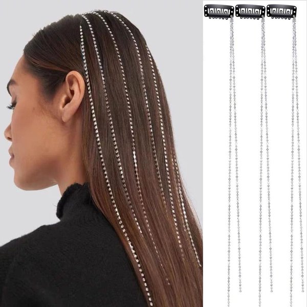 6 PCS Rhinestones Hair Chains Bling Punk Tassel Hair Clips Crystal Hair Extension Rhinestone Hair Accessories 20 Inch Hair Strand for Women and Girls Hair Decorative（Sliver）