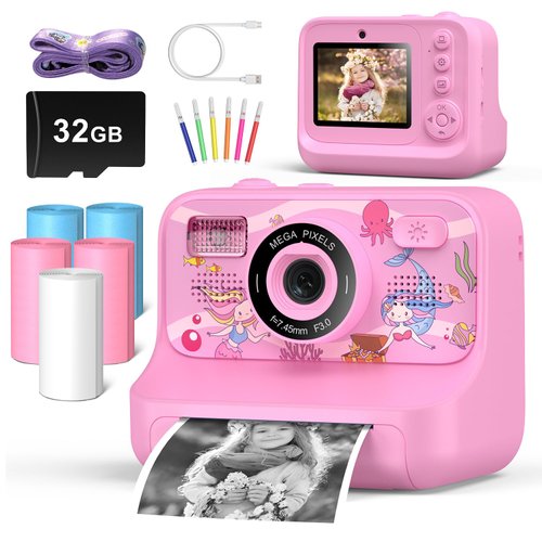 Instant Print Camera for Kids Age 3-12 Girls Boys 1080P HD Digital Video Cameras with 5 Print Paper & 32G Card Toddler Portable Travel Toys Camera for Christmas Birthday Gifts